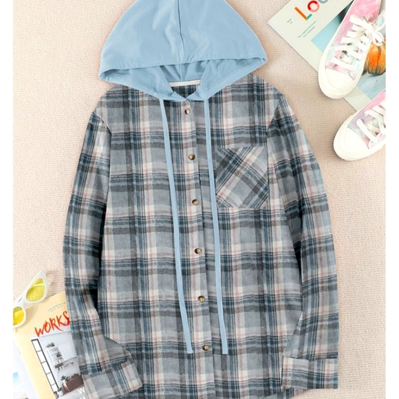 Tops - Blue and Sage hooded jacket plaid